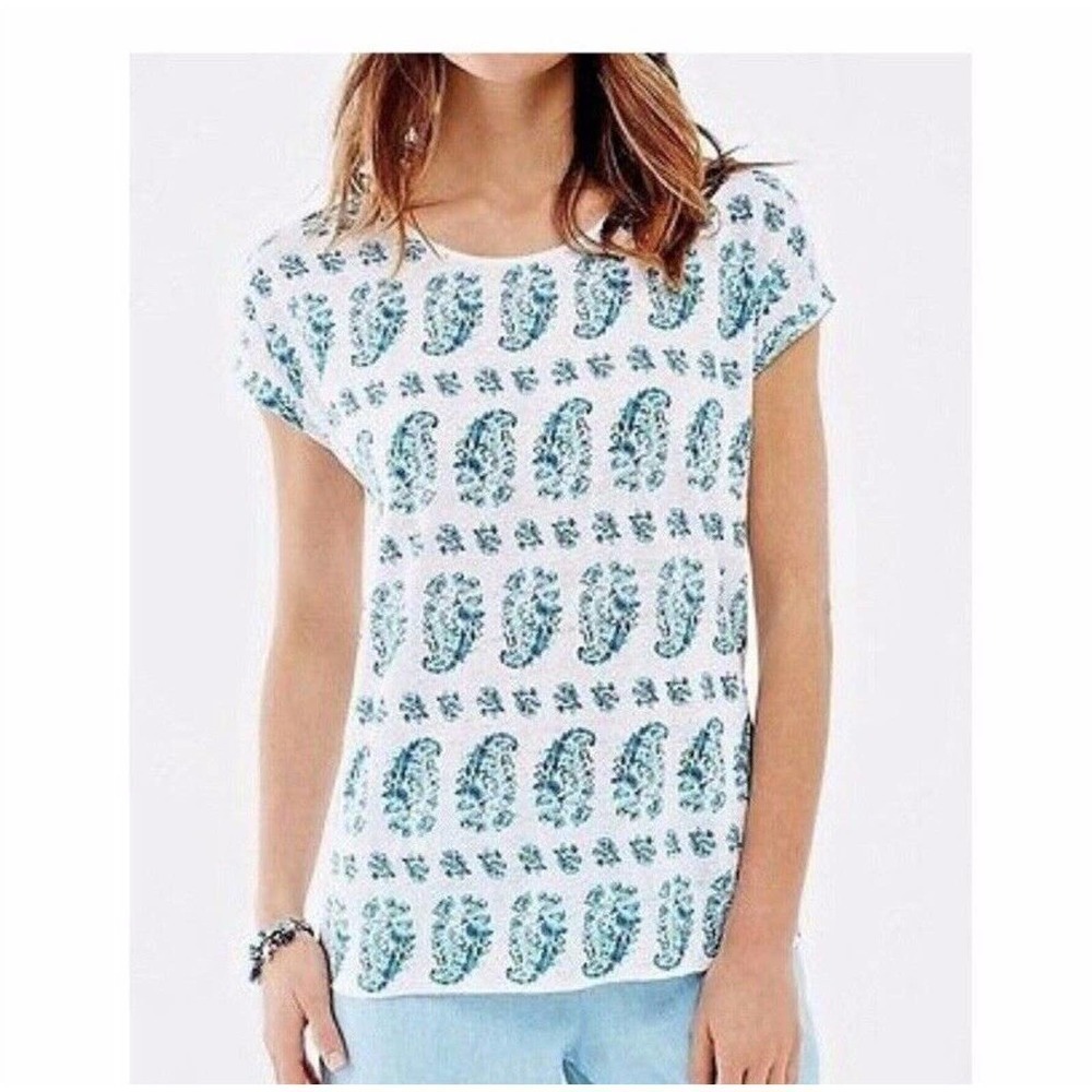 J Jill | Love Linen Paisley Keyhole Top Size XS White Pullover Dolman Sleeve